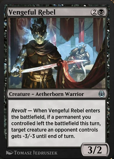 Vengeful Rebel, carta Magic di tipo Creature — Aetherborn Warrior illustrata da Tomasz Jedruszek