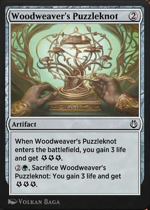 Woodweaver's Puzzleknot, carta Magic di tipo Artifact illustrata da Volkan Baǵa
