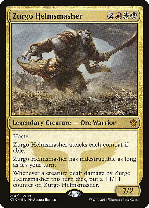 Zurgo Helmsmasher, carta Magic di tipo Legendary Creature — Orc Warrior illustrata da Aleksi Briclot