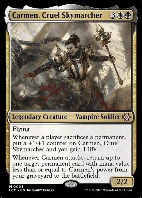Carmen, Cruel Skymarcher, carta Magic di tipo Legendary Creature — Vampire Soldier illustrata da Randy Vargas