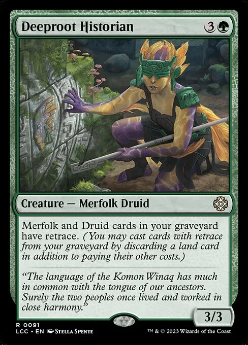 Deeproot Historian, carta Magic di tipo Creature — Merfolk Druid illustrata da Stella Spente