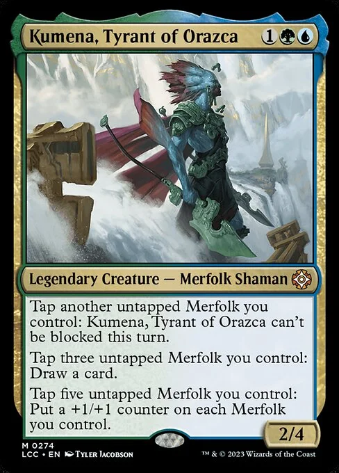 Kumena, Tyrant of Orazca, carta Magic di tipo Legendary Creature — Merfolk Shaman illustrata da Tyler Jacobson