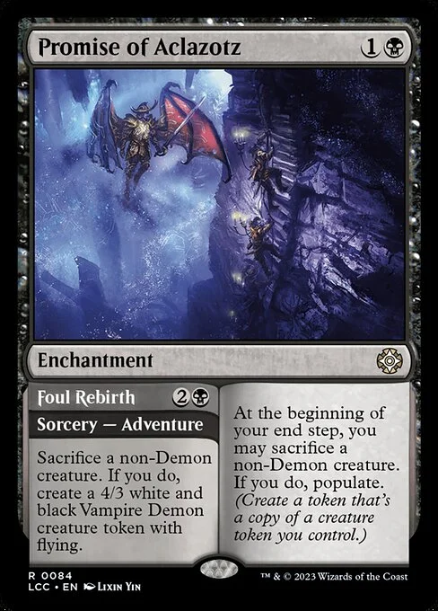 Promise of Aclazotz // Foul Rebirth, carta Magic di tipo Enchantment // Sorcery — Adventure illustrata da Lixin Yin