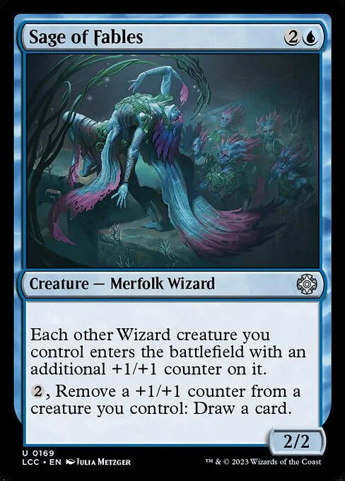 Sage of Fables, carta Magic di tipo Creature — Merfolk Wizard illustrata da Julia Metzger