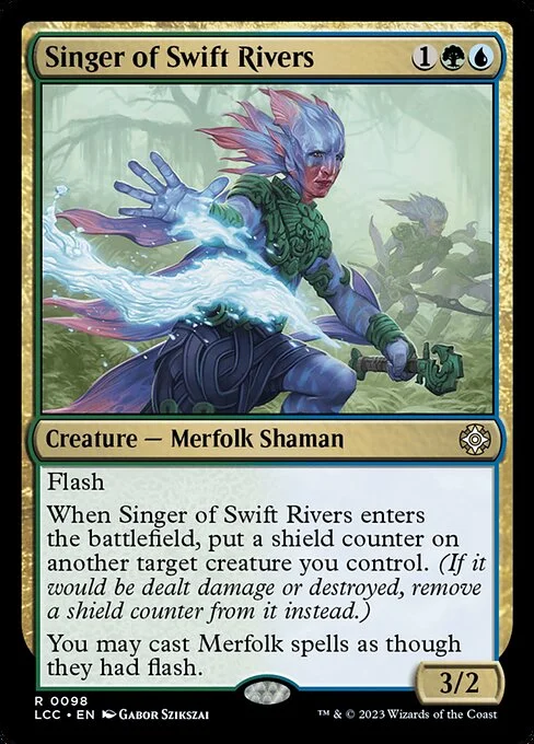 Singer of Swift Rivers, carta Magic di tipo Creature — Merfolk Shaman illustrata da Gabor Szikszai
