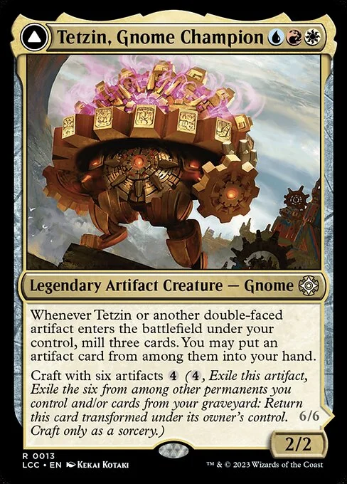 Tetzin, Gnome Champion // The Golden-Gear Colossus, carta Magic di tipo Legendary Artifact Creature — Gnome // Legendary Artifact Creature — Gnome illustrata da Kekai Kotaki
