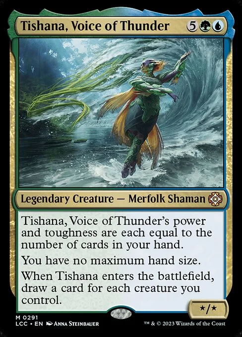 Tishana, Voice of Thunder, carta Magic di tipo Legendary Creature — Merfolk Shaman illustrata da Anna Steinbauer