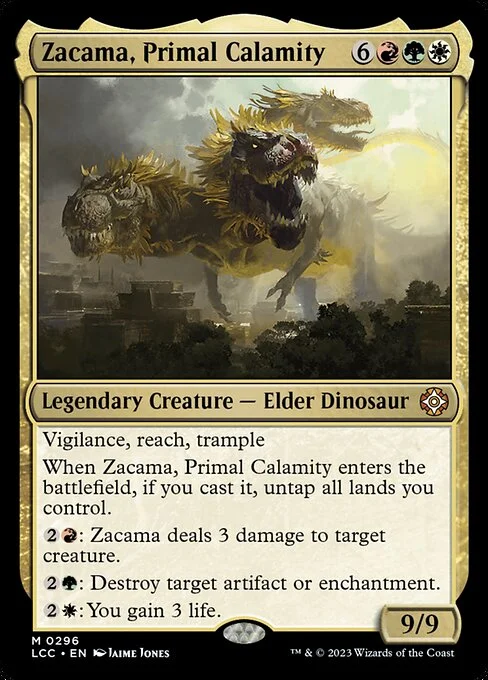 Zacama, Primal Calamity, carta Magic di tipo Legendary Creature — Elder Dinosaur illustrata da Jaime Jones