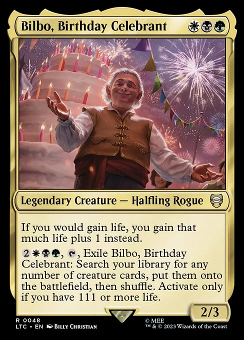 Bilbo, Birthday Celebrant, carta Magic di tipo Legendary Creature — Halfling Rogue illustrata da Billy Christian