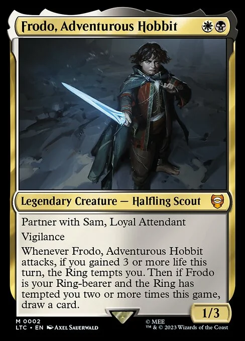 Frodo, Adventurous Hobbit, carta Magic di tipo Legendary Creature — Halfling Scout illustrata da Axel Sauerwald