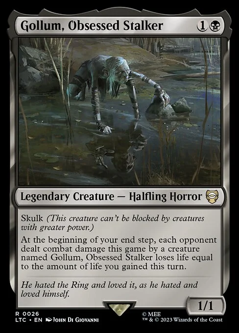 Gollum, Obsessed Stalker, carta Magic di tipo Legendary Creature — Halfling Horror illustrata da John Di Giovanni