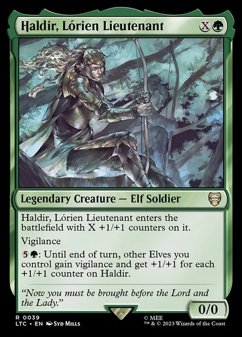 Haldir, Lórien Lieutenant, carta Magic di tipo Legendary Creature — Elf Soldier illustrata da Syd Mills