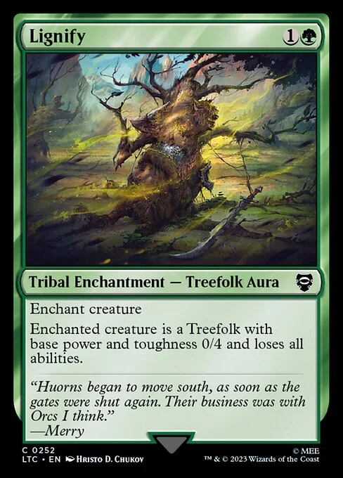 Lignify, carta Magic di tipo Kindred Enchantment — Treefolk Aura illustrata da Hristo D. Chukov
