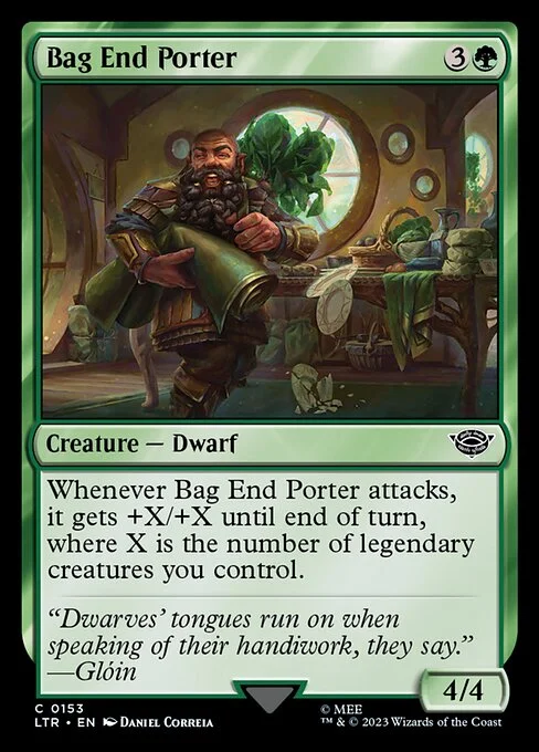Bag End Porter, carta Magic di tipo Creature — Dwarf illustrata da Daniel Correia