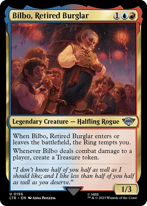 Bilbo, Retired Burglar, carta Magic di tipo Legendary Creature — Halfling Rogue illustrata da Anna Pavleeva
