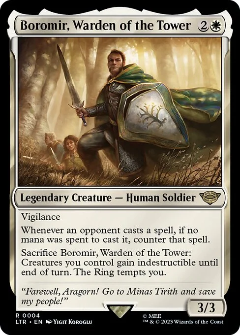Boromir, Warden of the Tower, carta Magic di tipo Legendary Creature — Human Soldier illustrata da Yigit Koroglu