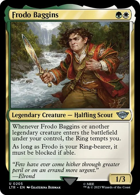 Frodo Baggins, carta Magic di tipo Legendary Creature — Halfling Scout illustrata da Ekaterina Burmak