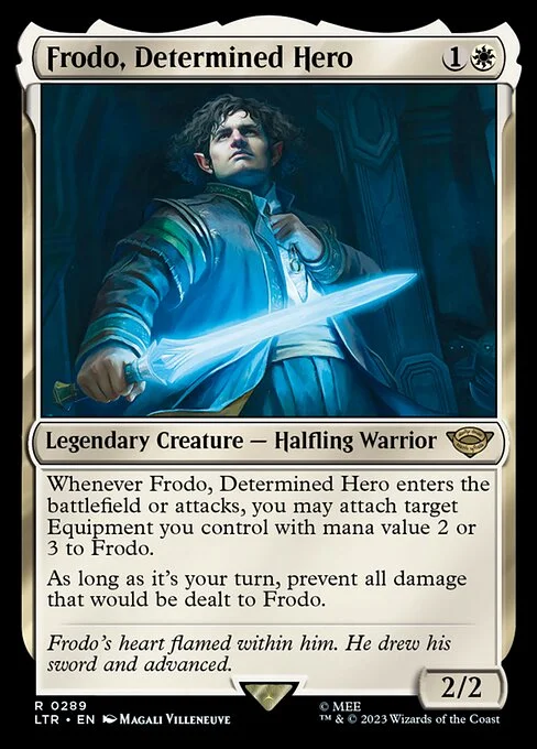 Frodo, Determined Hero, carta Magic di tipo Legendary Creature — Halfling Warrior illustrata da Magali Villeneuve