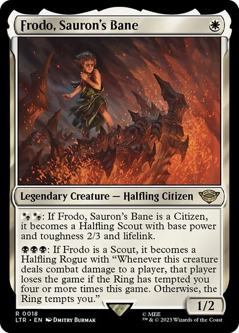 Frodo, Sauron's Bane, carta Magic di tipo Legendary Creature — Halfling Citizen illustrata da Dmitry Burmak