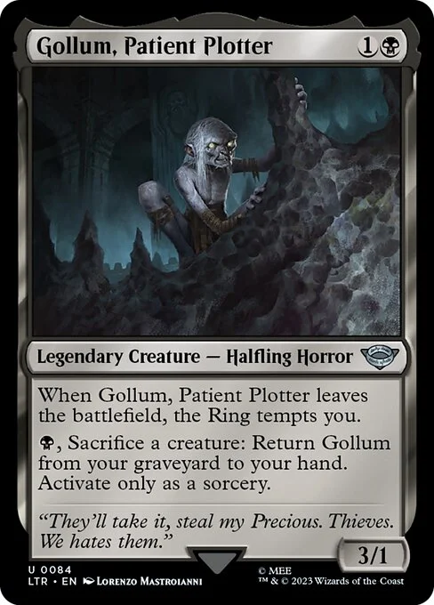 Gollum, Patient Plotter, carta Magic di tipo Legendary Creature — Halfling Horror illustrata da Lorenzo Mastroianni