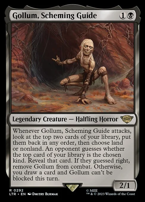 Gollum, Scheming Guide, carta Magic di tipo Legendary Creature — Halfling Horror illustrata da Dmitry Burmak