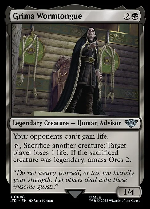 Gríma Wormtongue, carta Magic di tipo Legendary Creature — Human Advisor illustrata da Alex Brock