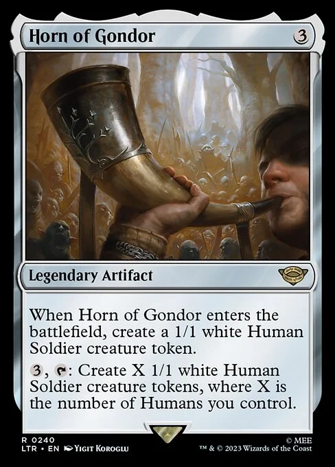Horn of Gondor, carta Magic di tipo Legendary Artifact illustrata da Yigit Koroglu