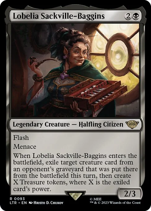 Lobelia Sackville-Baggins, carta Magic di tipo Legendary Creature — Halfling Citizen illustrata da Hristo D. Chukov