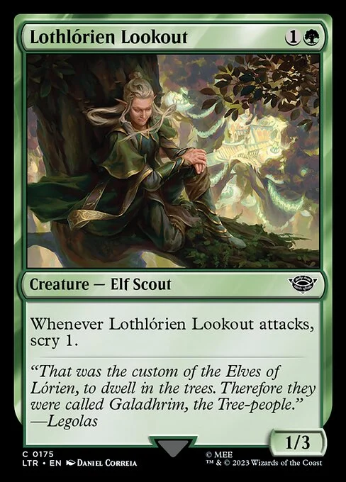 Lothlórien Lookout, carta Magic di tipo Creature — Elf Scout illustrata da Daniel Correia