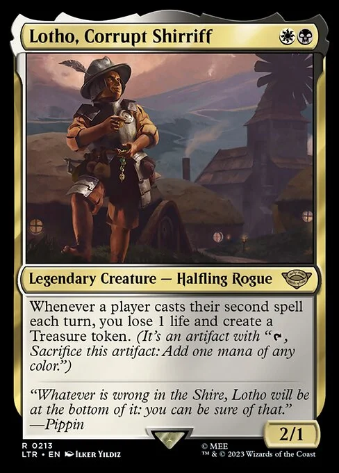 Lotho, Corrupt Shirriff, carta Magic di tipo Legendary Creature — Halfling Rogue illustrata da Ilker Yildiz