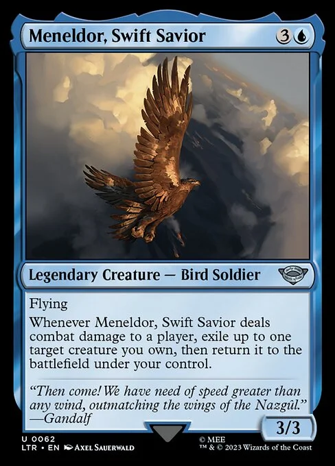 Meneldor, Swift Savior, carta Magic di tipo Legendary Creature — Bird Soldier illustrata da Axel Sauerwald