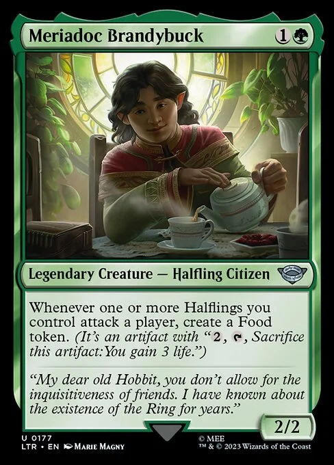 Meriadoc Brandybuck, carta Magic di tipo Legendary Creature — Halfling Citizen illustrata da Marie Magny