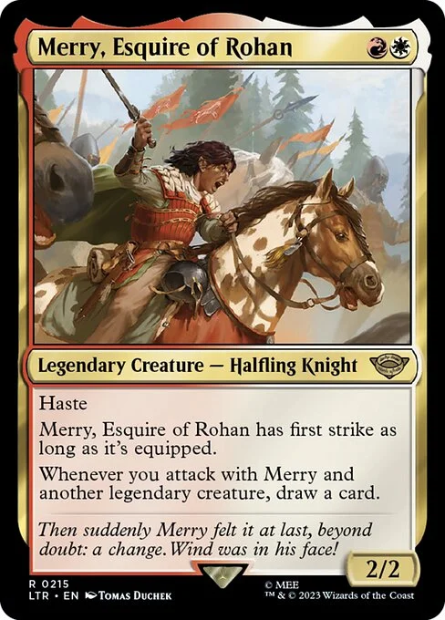 Merry, Esquire of Rohan, carta Magic di tipo Legendary Creature — Halfling Knight illustrata da Tomas Duchek