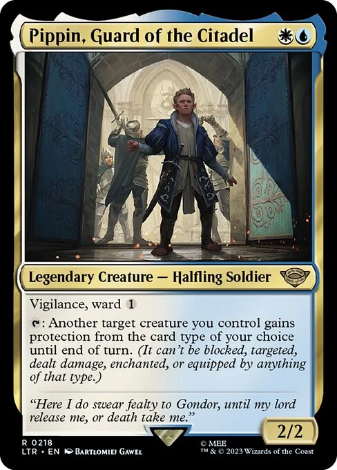 Pippin, Guard of the Citadel, carta Magic di tipo Legendary Creature — Halfling Soldier illustrata da Bartłomiej Gaweł