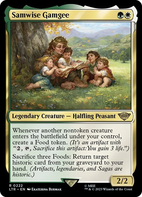 Samwise Gamgee, carta Magic di tipo Legendary Creature — Halfling Peasant illustrata da Ekaterina Burmak