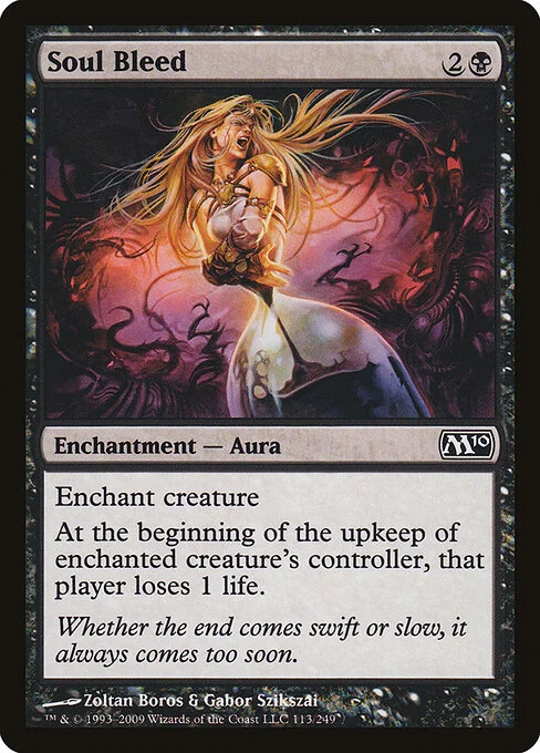 Soul Bleed, carta Magic di tipo Enchantment — Aura illustrata da Zoltan Boros & Gabor Szikszai