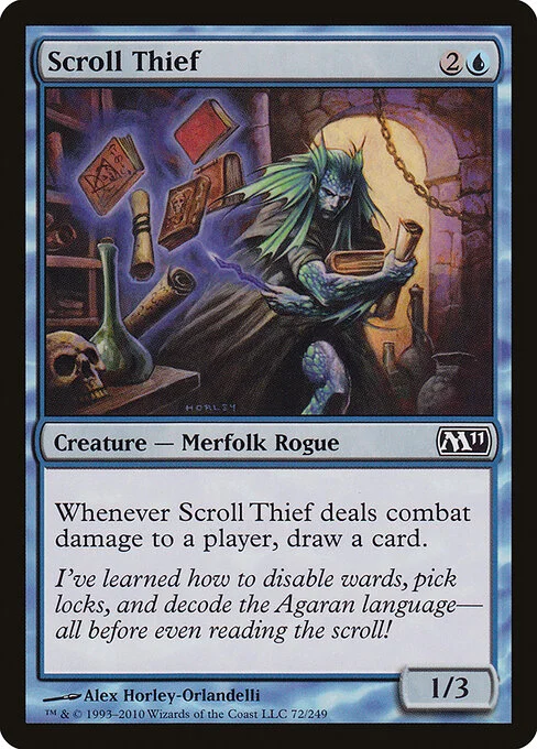 Scroll Thief, carta Magic di tipo Creature — Merfolk Rogue illustrata da Alex Horley-Orlandelli