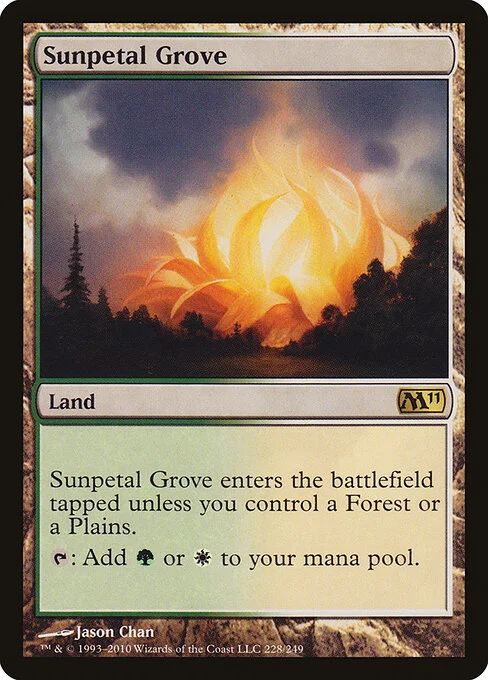 Sunpetal Grove, carta Magic di tipo Land illustrata da Jason Chan