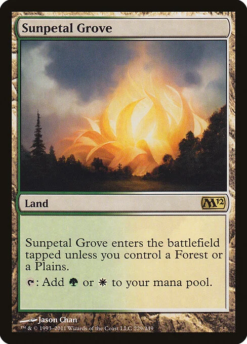 Sunpetal Grove, carta Magic di tipo Land illustrata da Jason Chan