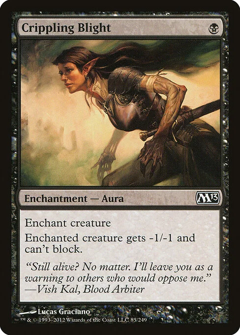 Crippling Blight, carta Magic di tipo Enchantment — Aura illustrata da Lucas Graciano