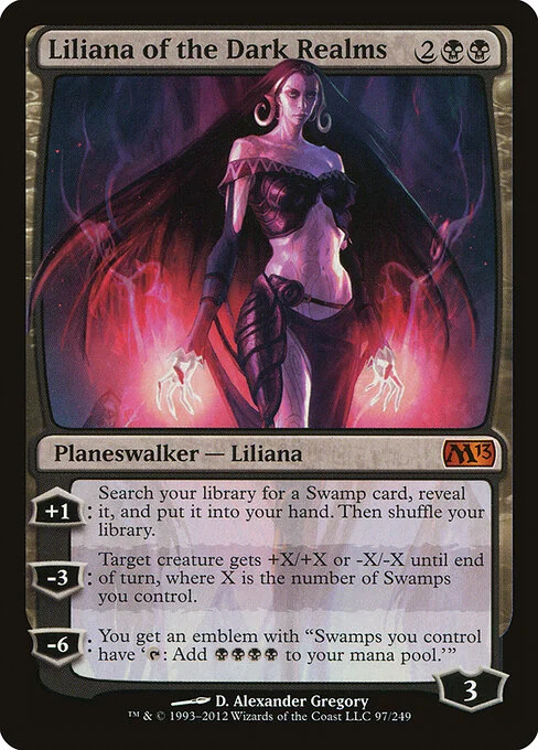 Liliana of the Dark Realms, carta Magic di tipo Legendary Planeswalker — Liliana illustrata da D. Alexander Gregory