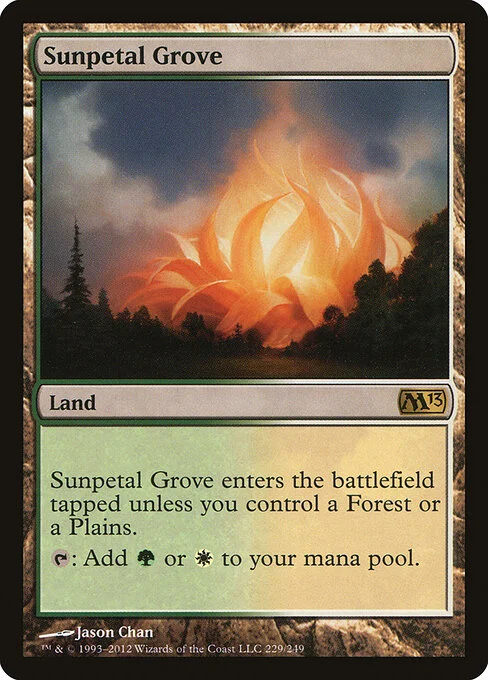 Sunpetal Grove, carta Magic di tipo Land illustrata da Jason Chan