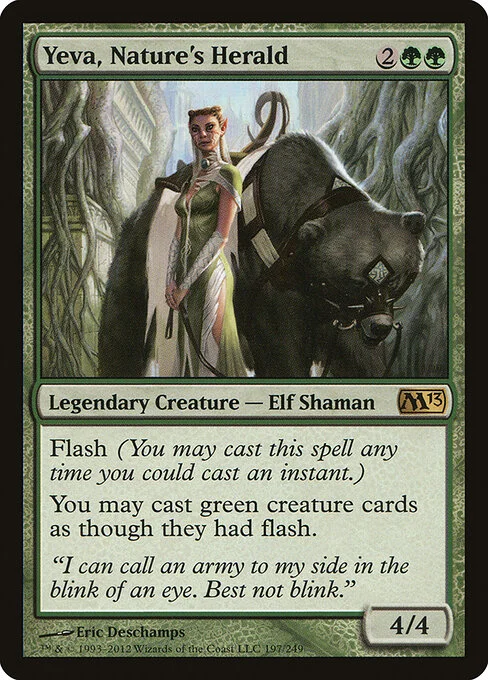 Yeva, Nature's Herald, carta Magic di tipo Legendary Creature — Elf Shaman illustrata da Eric Deschamps