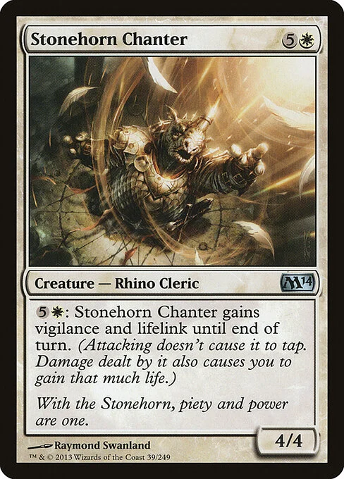Stonehorn Chanter, carta Magic di tipo Creature — Rhino Cleric illustrata da Raymond Swanland