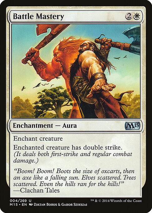 Battle Mastery, carta Magic di tipo Enchantment — Aura illustrata da Zoltan Boros & Gabor Szikszai