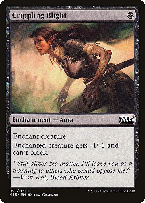 Crippling Blight, carta Magic di tipo Enchantment — Aura illustrata da Lucas Graciano