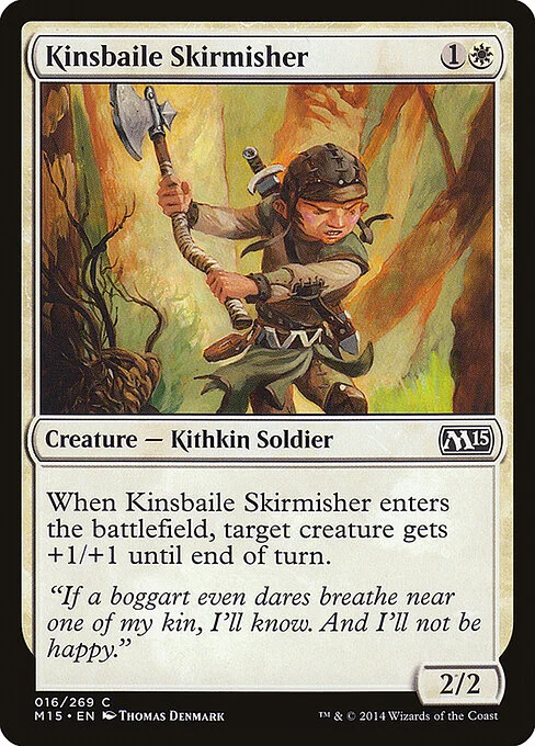 Kinsbaile Skirmisher, carta Magic di tipo Creature — Kithkin Soldier illustrata da Thomas Denmark