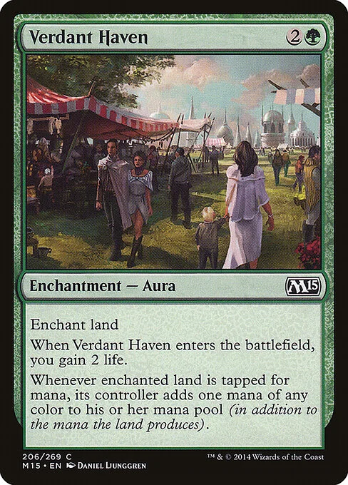 Verdant Haven, carta Magic di tipo Enchantment — Aura illustrata da Daniel Ljunggren