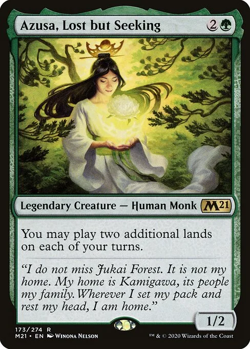 Azusa, Lost but Seeking, carta Magic di tipo Legendary Creature — Human Monk illustrata da Winona Nelson