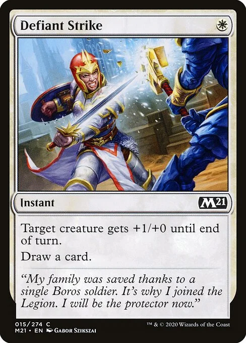 Defiant Strike, carta Magic di tipo Instant illustrata da Gabor Szikszai